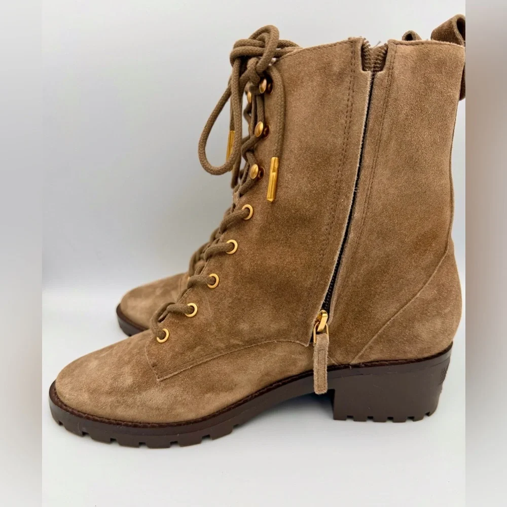 Tory Burch Suede Mid-Calf Combat Boots-Brown